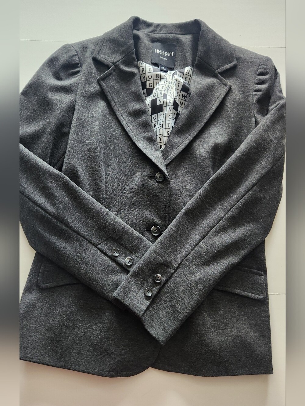 Insight New York Charcoal Blazer With Crossword Pattern Lining Size 10 - Picture 4 of 11